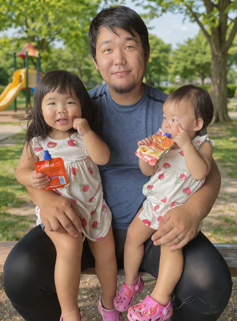 公園のベンチに座る代表・工藤稔也とお子さまの写真